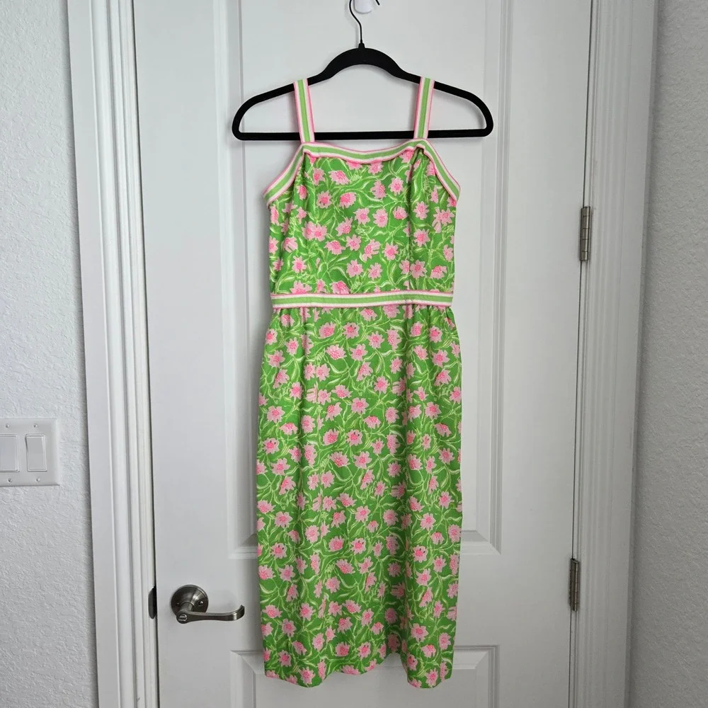 VTG Liza by Lilly Pulitzer Vintage Floral Sundress Green Pink Striped Trim 9/10 - Picture 2 of 8
